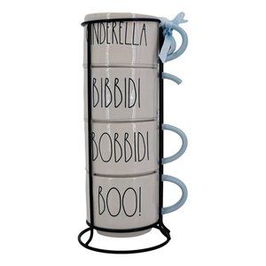 Rae Dunn Set of Four Stacking Coffee Mugs with Metal Rack (1 Broken Handle) - En